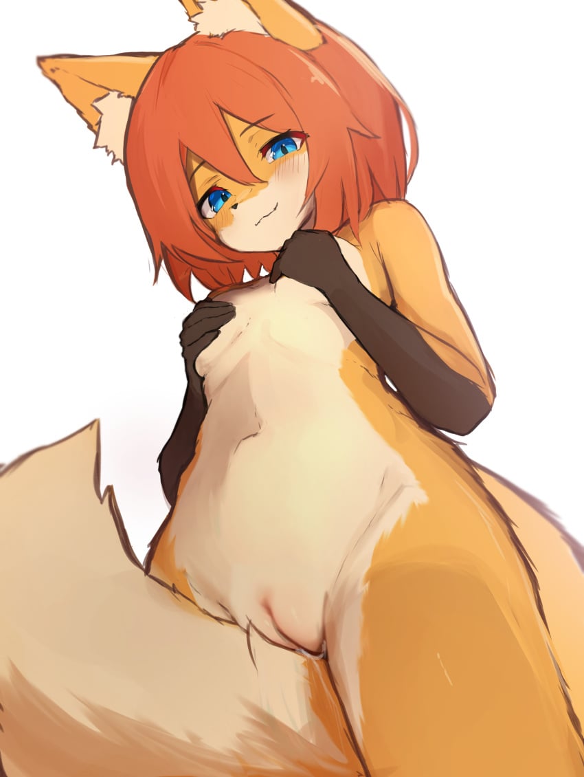 absurd_res anthro blue_eyes blush blush_lines bodily_fluids breast_grab breasts brown_hands canid canine countershade_face countershade_torso countershading covering covering_breasts eyebrow_through_hair eyebrows female fluffy fluffy_tail fox front_view fur genital_fluids genitals hair hand_on_breast hi_res inner_ear_fluff kemono lilkon looking_at_viewer low-angle_view mammal navel nude orange_body orange_fur orange_hair orange_tail pussy short_hair simple_background small_breasts smile smiling_at_viewer solo tail translucent translucent_hair tuft vaginal_fluids yumi_(lilkon)