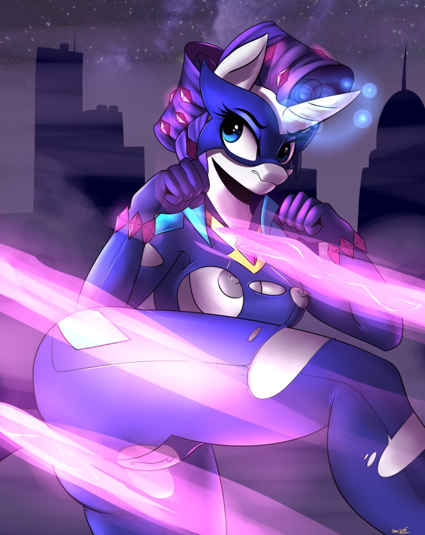 2015 anthro anthrofied areola blue_eyes bodysuit breasts clothes costume equine female friendship_is_magic glowing hair horn mammal my_little_pony nipples outdoors patch_(artist) power_ponies_(mlp) purple_hair pussy radiance_(mlp) rarity_(mlp) solo straight_hair torn_clothes unicorn