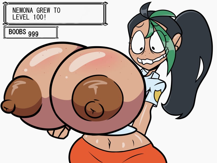 1girls breast_expansion breasts breasts_bigger_than_head dark-skinned_female dark_skin freckles freckles_on_breasts freckles_on_face fujiweeb gigantic_breasts juramg level_up nemona_(pokemon) pokemon solo