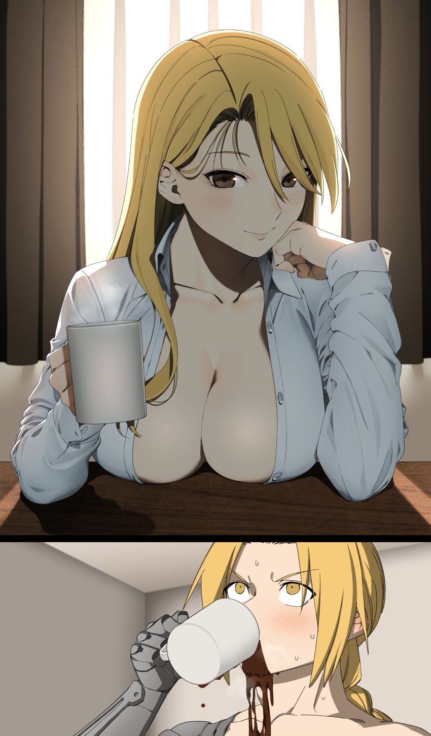 1boy 1girls 2koma absurdres backlighting blonde_hair blush braid braided_ponytail breast_rest breasts breasts_on_table brown_eyes cleavage closed_mouth coffee coffee_mug collarbone collared_shirt colored_eyelashes comic commission cup dress_shirt drinking edward_elric embarrassed eyebrows_hidden_by_hair eyelashes fullmetal_alchemist hair_between_eyes hair_down hand_on_own_cheek hand_on_own_face hands_up highres holding holding_cup indoors large_breasts lips long_hair looking_at_viewer looking_up low_ponytail mature_female mechanical_arms mug naked_shirt open_clothes open_shirt parted_bangs ponytail rasupekuto riza_hawkeye shirt single_mechanical_arm skeb_commission smile split_mouth straight straight-on straight_hair sweatdrop tsurime upper_body upturned_eyes v-shaped_eyebrows white_shirt yellow_eyes