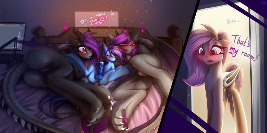 2:1 absurd_res bat_pony bed bedroom bedroom_sex blush blushy confusion darky_wings dracony dragon ebony_rain_(fritzy) equid equine fellatio female feral fritzy furniture genitals group hasbro heart_eyes heart_symbol hi_res horse icy_rain_(frostwing) licking long_tail male male/female mammal my_little_pony mythological_creature mythological_scalie mythology nightlight_horizon_(nighty) nude oral penile penis penis_lick pony pussy scalie sex size_difference tail tongue trio_in_panel