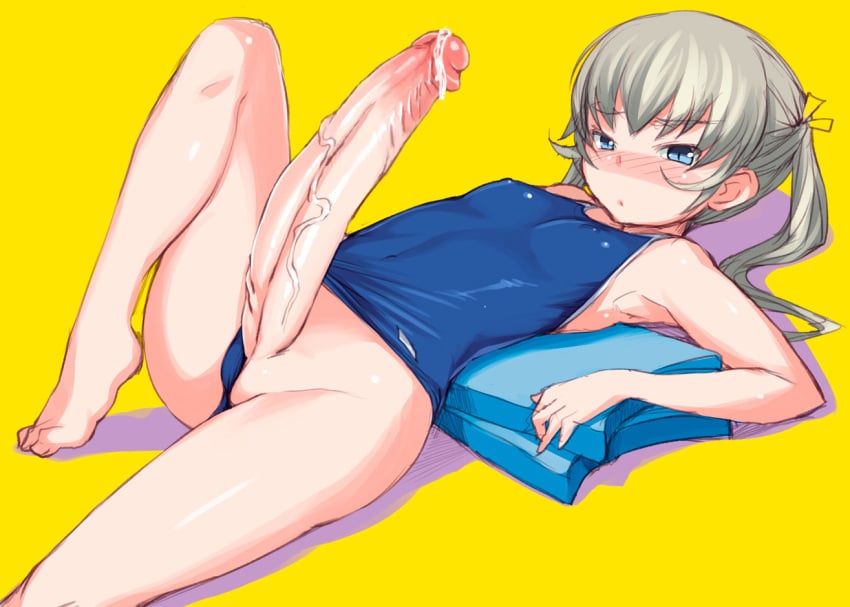 1futa asakura_mao barefoot blonde_hair blue_eyes blush bosshi breasts decensored erection feet futa_sans_balls futabu futanari hair hyper hyper_penis intersex lying penis petite precum small_breasts small_but_hung swimsuit swimsuit_aside tied_hair twintails uncensored veiny veiny_penis young