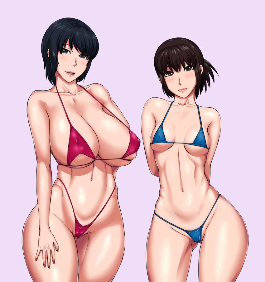 2girls bikini black_hair blue_eyes blush breasts brown_eyes brown_hair cleavage fatal_frame fatal_frame_3 female highleg hinasaki_miku kurosawa_rei large_breasts micro_bikini ml multiple_girls navel ponytail short_hair small_breasts standing tied_hair underboob yuri