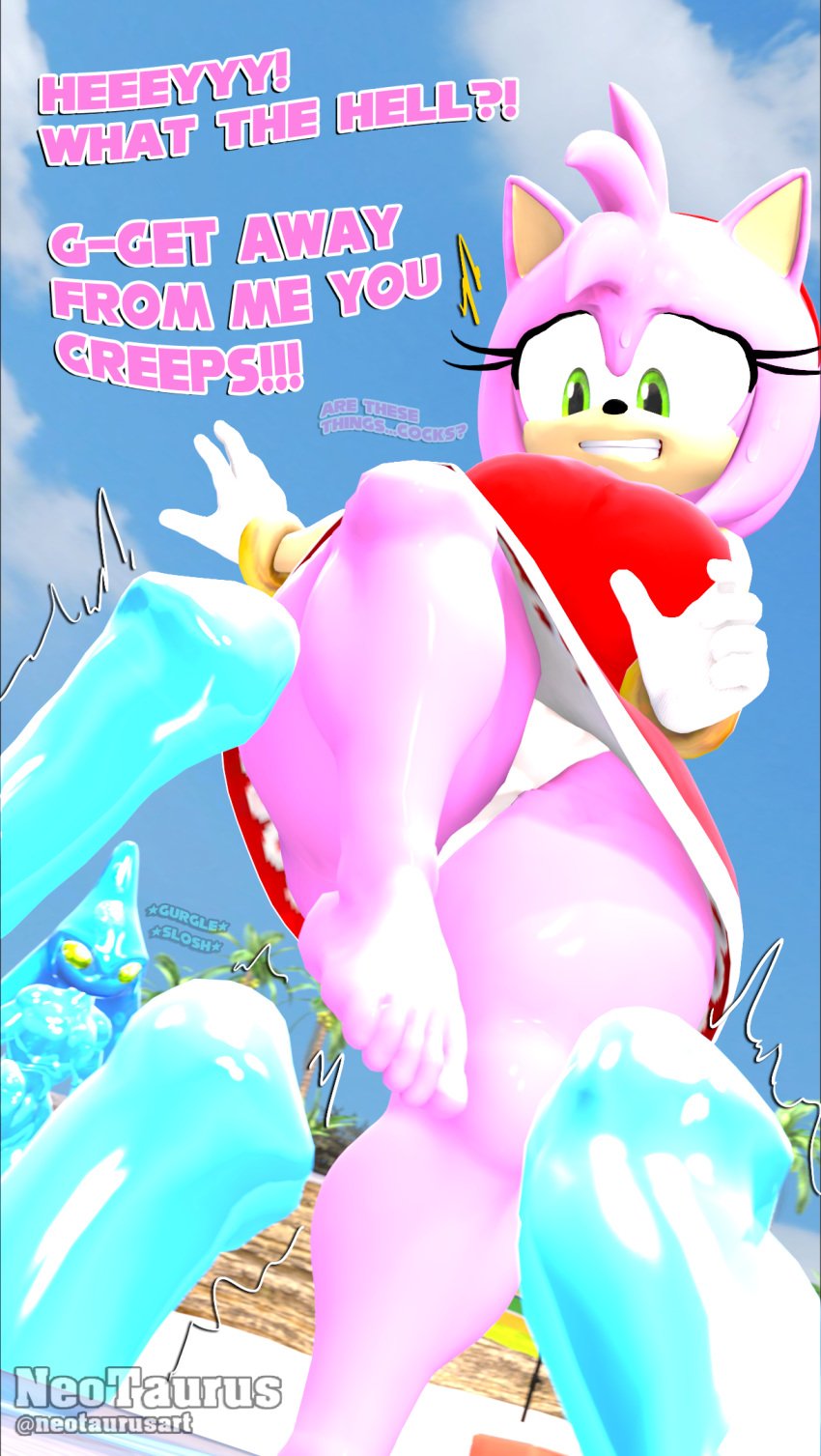 ambiguous_gender amy_rose anthro barefoot beach bodily_fluids chaos_(sonic) duo elemental_creature eulipotyphlan feet female genitals hedgehog hi_res humanoid imminent_sex mammal neotaurus penis penis_tentacles sega sonic_adventure sonic_the_hedgehog_(series) sweat sweatdrop tentacle text throbbing throbbing_penis water worried