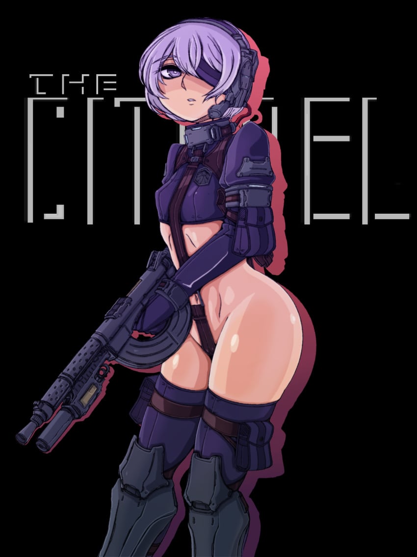 arm_pouch armor armored_boots ass assault_rifle black_bow boots bow crotch_strap doekuramori english_text female female_focus gloves greaves gun hair_between_eyes headgear holding holding_gun holding_rifle holding_weapon holster martyr_(the_citadel) matching_hair/eyes official_art one_eye_covered open_mouth pouch purple_eyes purple_gloves purple_hair rifle solo solo_focus standing the_citadel the_martyr thigh_pouch thigh_strap thighhighs title weapon