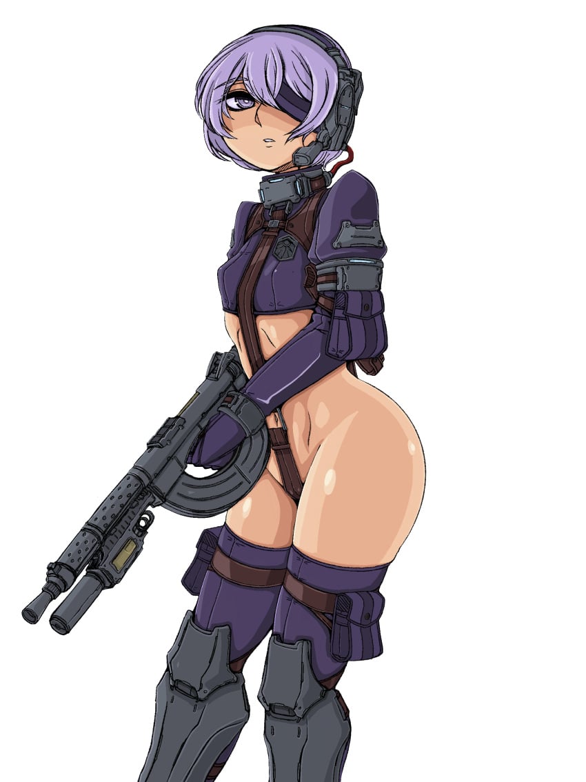 arm_pouch armor armored_boots ass assault_rifle black_bow boots bow crotch_strap doekuramori female female_focus gloves greaves gun hair_between_eyes headgear holding holding_gun holding_rifle holding_weapon holster martyr_(the_citadel) matching_hair/eyes official_art one_eye_covered open_mouth pouch purple_eyes purple_gloves purple_hair rifle solo solo_focus standing the_citadel the_martyr thigh_pouch thigh_strap thighhighs transparent_background weapon