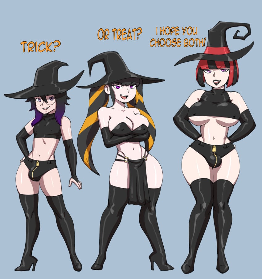 1boy 1futa 1girls big_breasts breasts bulge clothed clothing corset_bra darkeros13 elbow_gloves facing_viewer female femboy futanari glasses gloves halloween high_heels human lain_(marisfaraway) lexx_(marisfaraway) light-skinned_futanari light_skin loincloth lucy_(marisfaraway) male mostly_nude penis_bulge pinup short_shorts standing tanktop thighhighs trans_woman transfem witch_boy witch_costume witch_hat