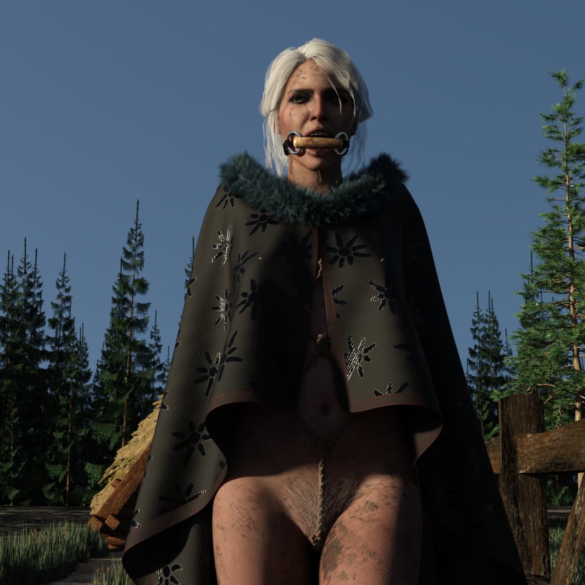 assmodeusbonds bondage captured captured_heroine cd_projekt_red ciri female filthy freckles gagged green_eyes light-skinned_female looking_at_viewer mascara pubic_hair pussy scar solo tattoo the_witcher_(series) the_witcher_3:_wild_hunt white_hair