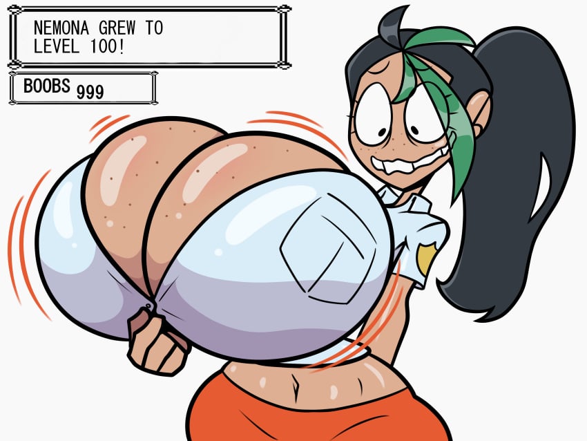 breast_expansion breasts breasts_bigger_than_head freckles freckles_on_breasts freckles_on_face juramg level_up nemona_(pokemon) pokemon