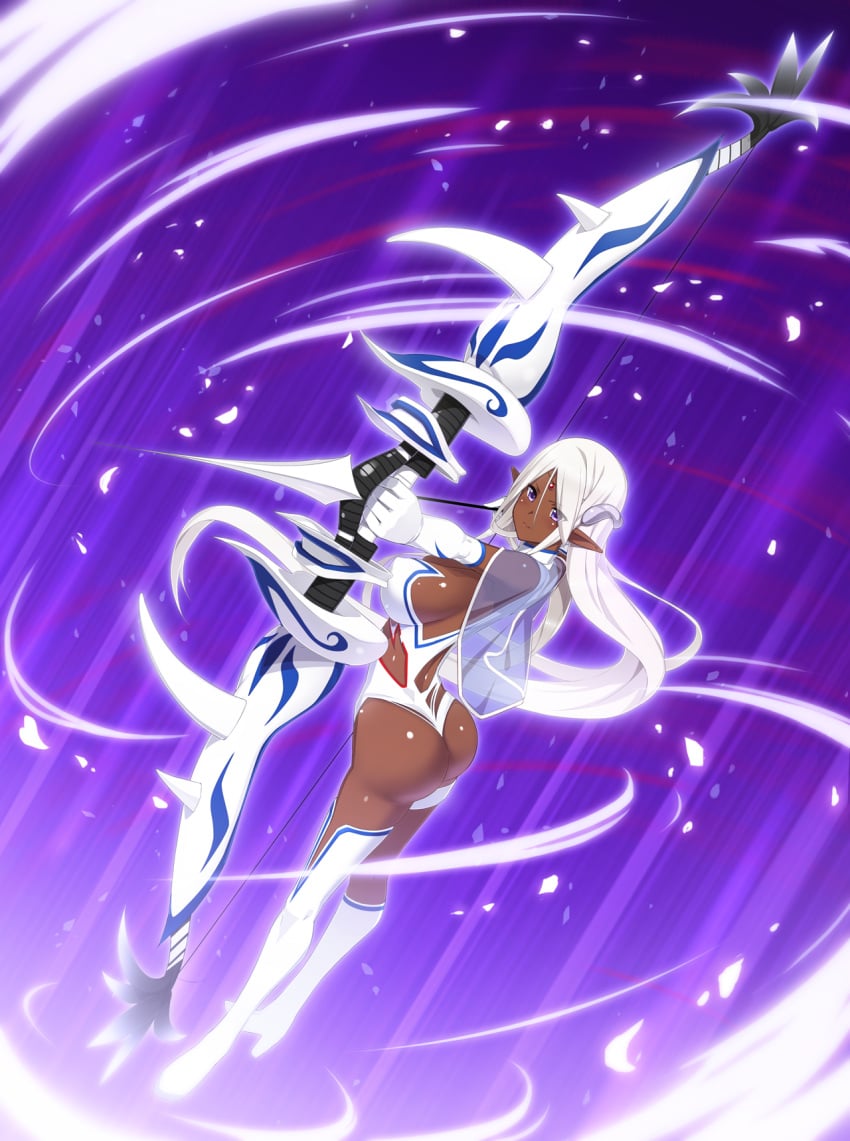 1girls arrow_(projectile) ass bow bow_(weapon) breasts dark-skinned_female dark_skin elbow_gloves elf ellelecia female_focus full_body game_cg gloves highres holding holding_weapon jewelry large_breasts legs leotard long_hair looking_away ma-ko_hunter magic munashi_mujou parted_lips pointy_ears purple_eyes see-through_clothes serious shiny_skin simple_background smile solo standing thigh_gap thighhighs thighs very_long_hair weapon white_gloves white_hair white_legwear white_thighhighs