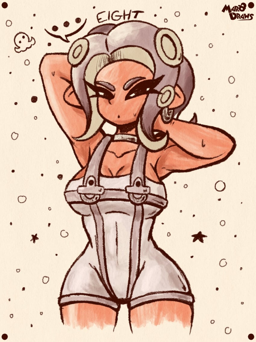 ... 1girls agent_8_(side_order) agent_8_(splatoon) arms_up artist_name big_breasts bodysuit breasts choker covered_navel earrings female looking_at_viewer marodraws nintendo octoling octoling_girl short_hair solo solo_female solo_focus splatoon splatoon_3 splatoon_3:_side_order tentacle_hair white_bodysuit white_choker