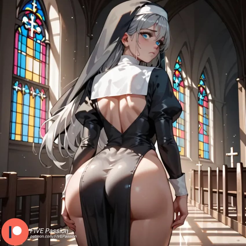 ai ai_assisted ai_generated big_ass blue_eyes bubble_ass bubble_butt church church_interior color comic comic_page digital_art digital_media_(artwork) fat_ass female female_focus female_only five_passion long_hair looking_at_viewer looking_back nun nun's_habit nun_outfit silver_hair tight_clothing touching_ass worried young younger_female