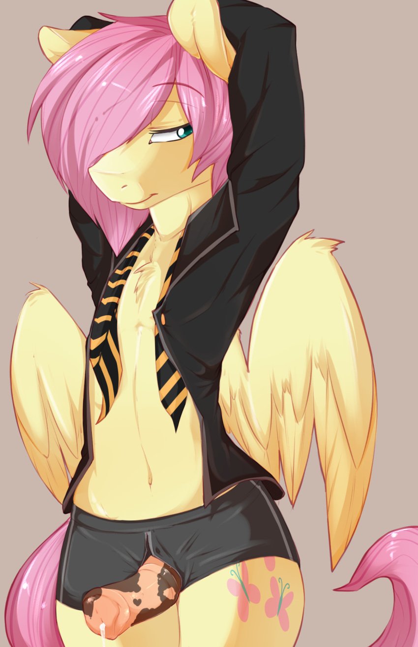 2015 animal_genitalia anthro anthrofied arms_behind_head boxer_briefs butterscotch_(mlp) chest_tuft clothing cutie_mark equine fluttershy_(mlp) friendship_is_magic fur genderswap girly green_eyes hair half-closed_eyes horsecock looking_away male mammal my_little_pony navel necktie open_clothes open_pants open_shirt pants pegasus penis pink_hair plain_background poking_out precum rainbowscreen rule_63 shirt solo straight_hair tuft underwear wings yellow_fur