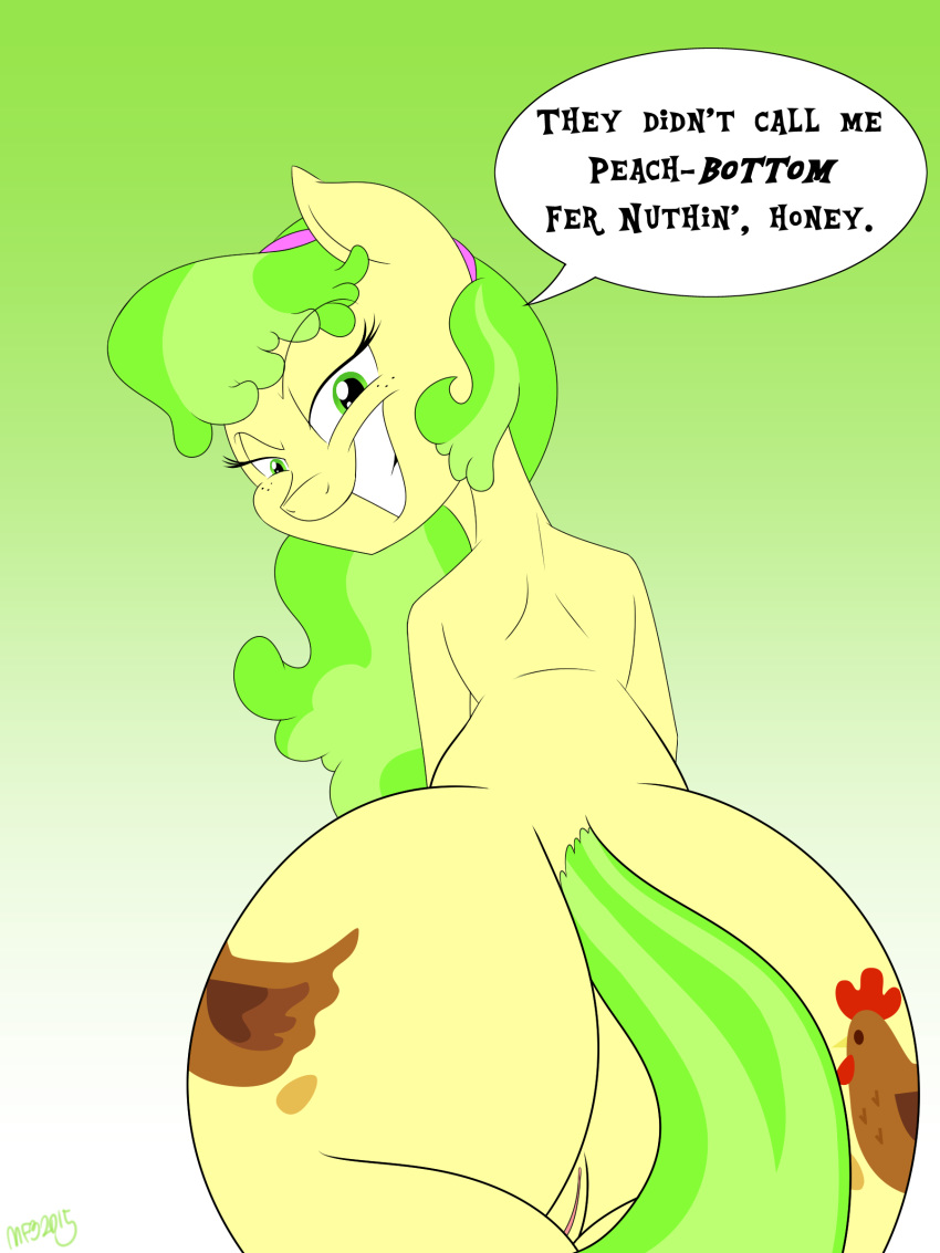 2015 anthro anthrofied ass big_butt cutie_mark dialogue english_text equine female freckles friendship_is_magic green_eyes green_hair hair hi_res horse looking_at_viewer looking_back mammal ms._peachbottom_(mlp) my_little_pony mysteryfanboy718 pony pussy smile solo text two_tone_hair