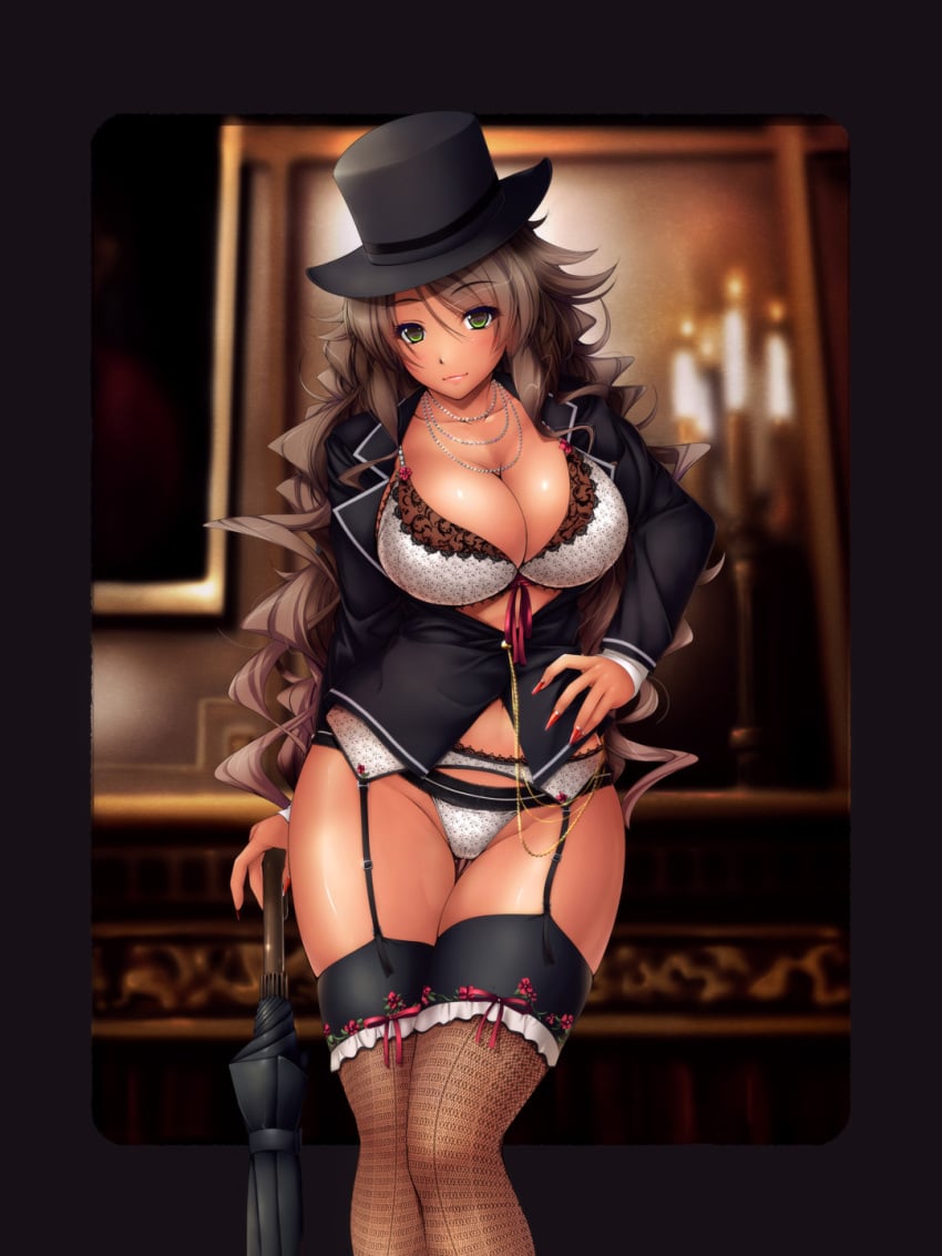 blazer blush bra breasts brown_hair business_suit cleavage closed_umbrella female formal ganguro garter_straps green_eyes hand_on_hip hat highres ishii_akira jewelry large_breasts long_fingernails long_hair long_nails nail_polish necklace original panties parted_lips smile solo thighhighs top_hat umbrella underwear white_bra white_panties