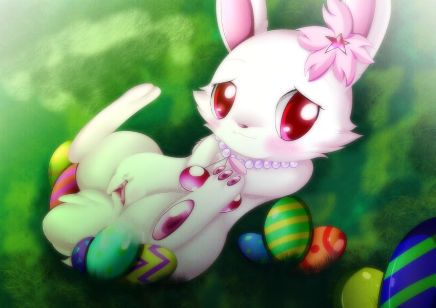 blush easter egg female grass holidays jewelpet jewelpet_(species) lagomorph mammal mrsorange pussy rabbit ruby_(jewelpet) solo wet