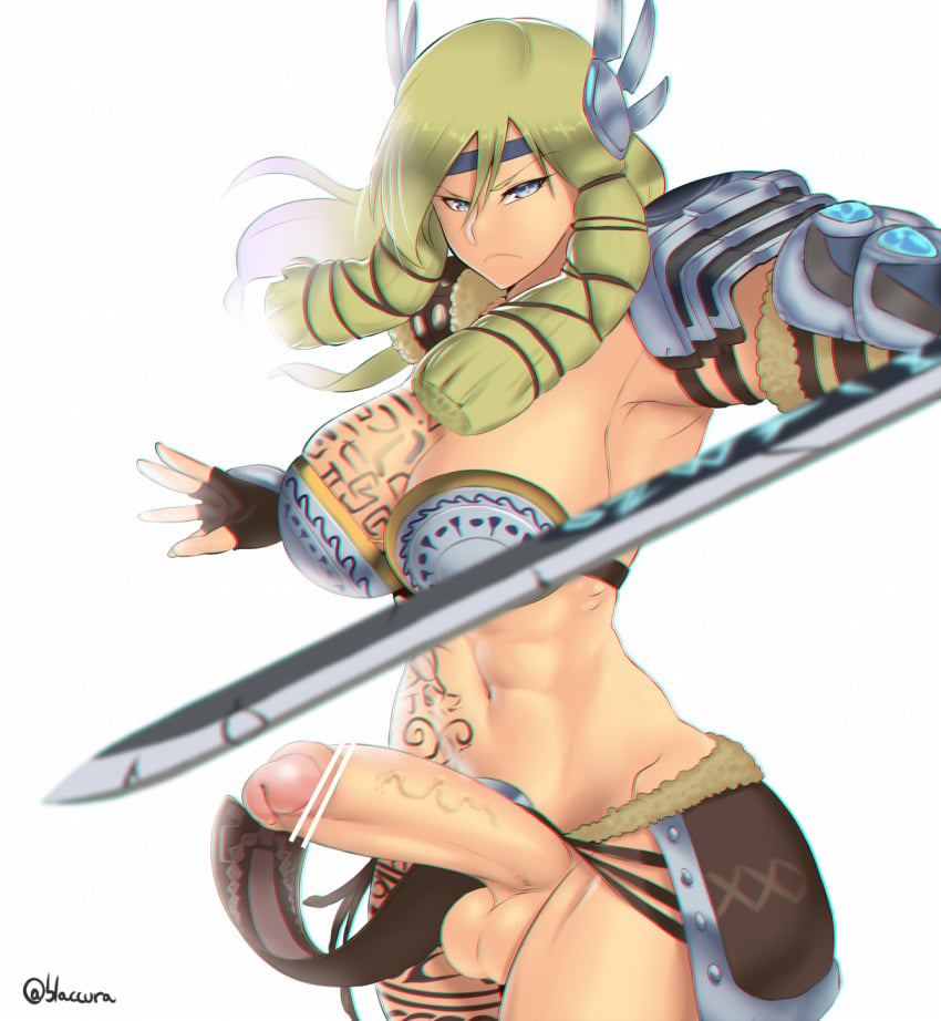 1futa abs armor blue_eyes bra burakku-ra censored circlet cleavage erection fingerless_gloves freya_(smite) futa_only futanari gloves hair intersex large_penis long_hair navel penis pointless_censoring smite solo standing sword tattoo testicles weapon