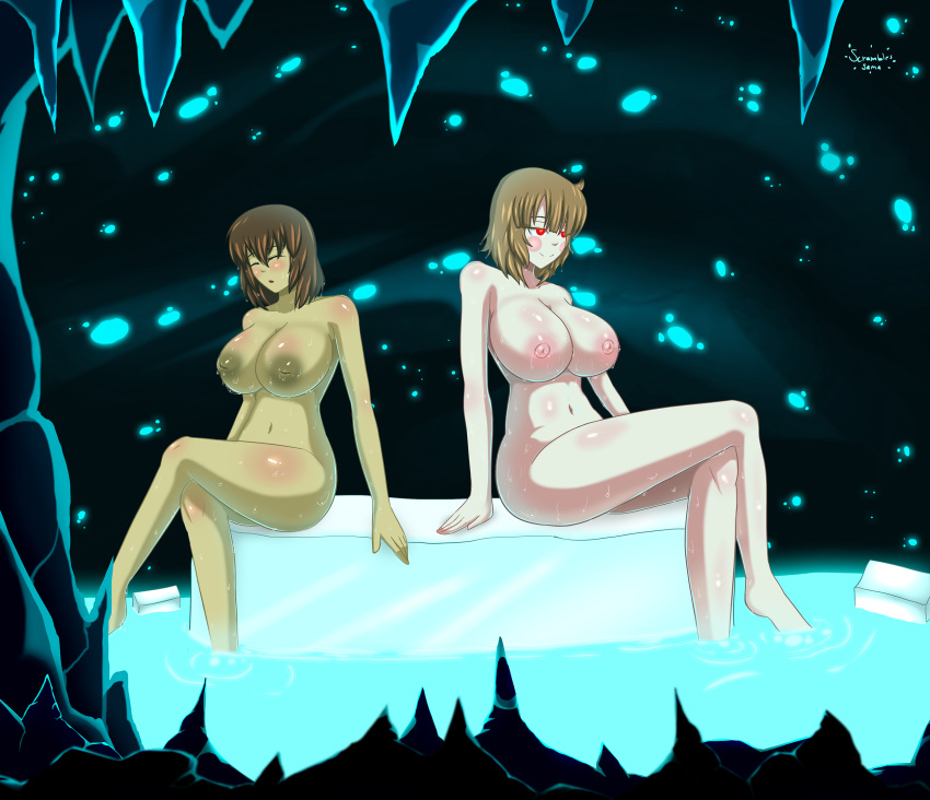 2d 2girls background big_breasts breasts cave chara chocolate_and_vanilla duo fae-sama female female_only frisk human human_female human_only ice inverted_nipples multiple_girls naked nude relaxing sculk sitting smile sweat tagme undertale undertale_(series) water wet