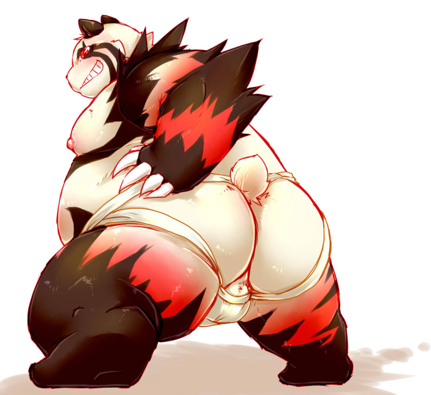 anthro ass backless_underwear backsack balls bear big_balls big_butt big_penis blush chiro_(artist) clothed clothing fanfan fur furry furry_only half-dressed jockstrap male male_only mammal overweight penis presenting red_panda smirk solo topless underwear