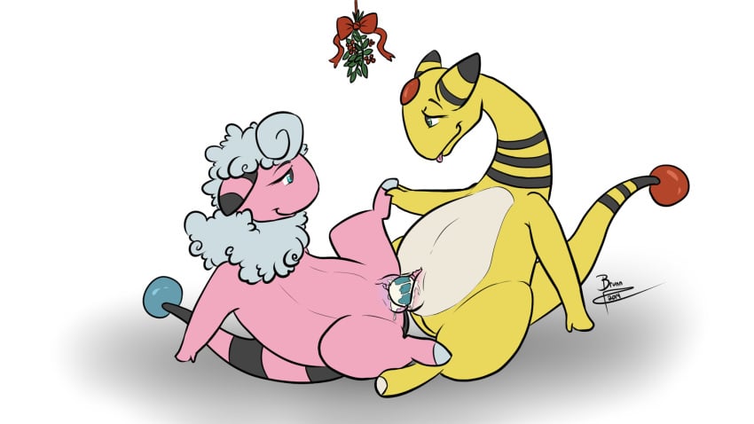 2014 ampharos bow brunn-bear chubby dildo double_dildo duo eye_contact female feral feral_on_feral flaaffy hi_res mistletoe nintendo penetration plain_background plant pokemon pokemon_(species) pussy pussy_juice ribbons sex_toy teal_eyes tongue tongue_out vaginal_penetration video_games white_background wide_hips yuri