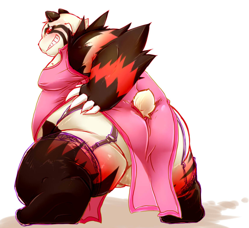 anthro ass backsack balls bear big_balls big_butt big_penis blush chinese_clothing chiro_(artist) clothing crossdressing fanfan fur furry furry_only garter_belt legwear lingerie male male_only mammal overweight penis presenting red_panda smirk solo stockings