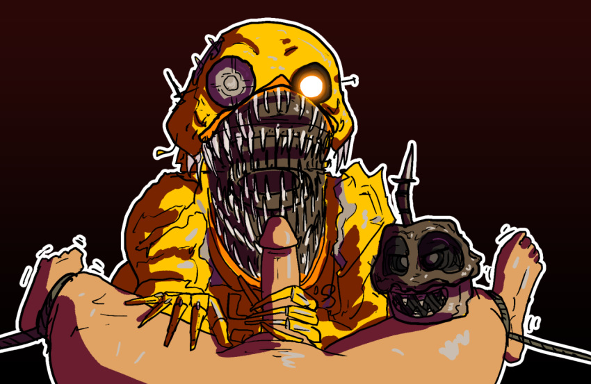 1boy 1girls 2015 absurd_res absurdres animatronic avian bird bite_of_87 chicken crisis-omega erection female five_nights_at_freddy's five_nights_at_freddy's_4 group hand_on_penis hi_res highres human imminent_eating imminent_oral interspecies looking_at_viewer machine male male_pov mammal mechanical nightmare_chica_(fnaf) nightmare_cupcake_(fnaf) nightmare_fuel penis pov pov_eye_contact red_background robot shaking shivering submissive_male teeth trembling trusting was_that_the_bite_of_'87