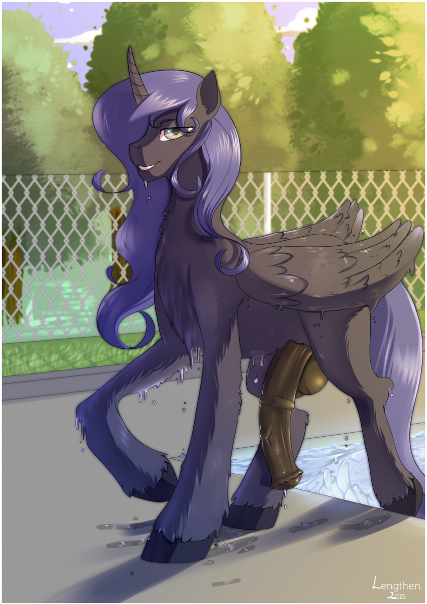 2015 alicorn anatomically_correct anatomically_correct_penis animal_genitalia balls dickgirl equine fence feral friendship_is_magic green_eyes hair hi_res horn horsecock intersex lengthen long_hair mammal my_little_pony penis pool princess_luna_(mlp) purple_hair solo tree wet wings