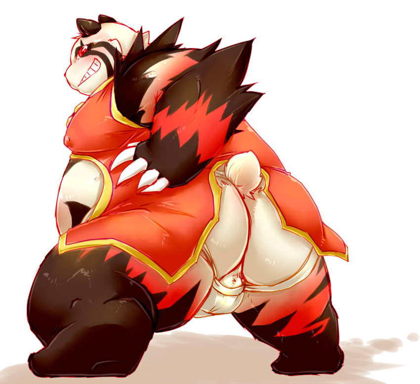 anthro ass backless_underwear backsack balls bear big_balls big_butt big_penis blush chinese_clothing chiro_(artist) clothing fanfan fur furry furry_only jockstrap male male_only mammal overweight penis presenting red_panda smirk solo underwear