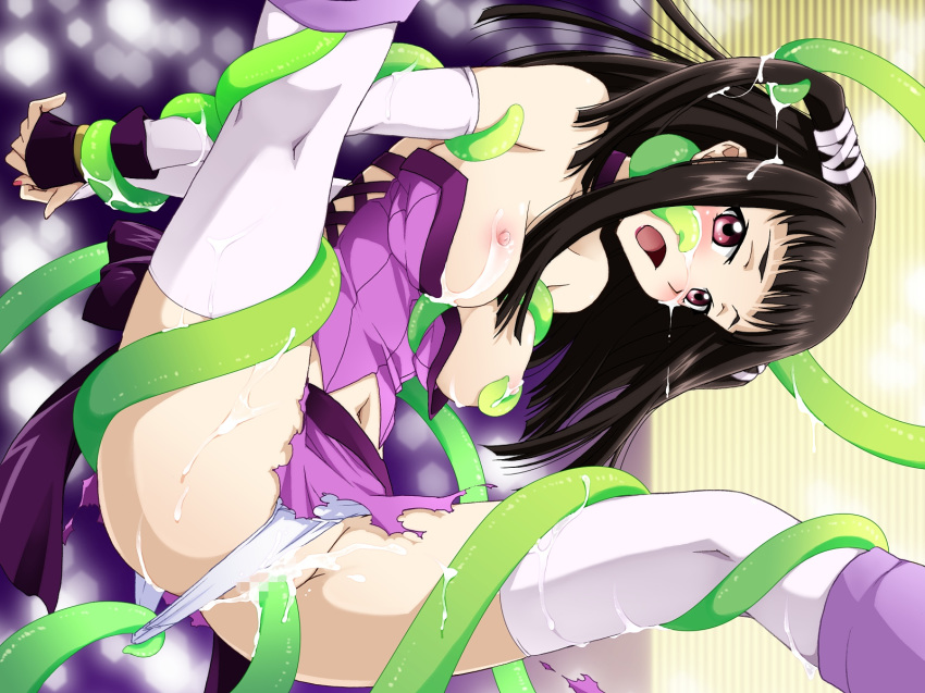 black_hair breasts brown_hair censored clothed clothing cum cum_in_ass cum_in_hair cum_in_pussy cum_inside cum_on_breasts cum_on_face cum_outside female hair mosaic_censoring open_mouth red_eyes rosario+vampire shy slave solo_focus spread_legs spreading tentacle tentacle_monster toujou_ruby