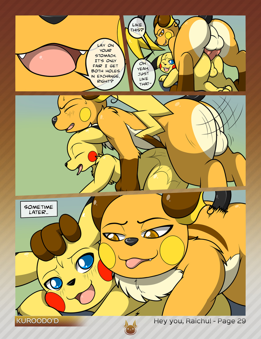 all_fours anal anal_sex balls blue_eyes brown_eyes comic dialogue digitigrade doggy_style duo english_text feral feral_on_feral from_behind hi_res kuroodod larger_male male nintendo one_eye_closed open_mouth page_29 penetration pikachu pokémon_(species) pokemon pokemon_(species) raichu sex size_difference smaller_male smile text tongue tongue_out video_games yaoi