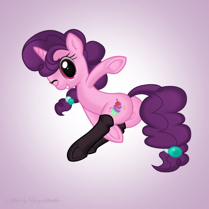 2015 anus ass cute cutie_mark edit equine female feral friendship_is_magic hair hi_res hisexpliciteditor hooves horn legwear looking_at_viewer looking_back mammal my_little_pony nude one_eye_closed pink_eyes plain_background purple_hair purple_theme pussy pyruvate smile solo stockings sugar_belle unicorn vaginal_penetration wink