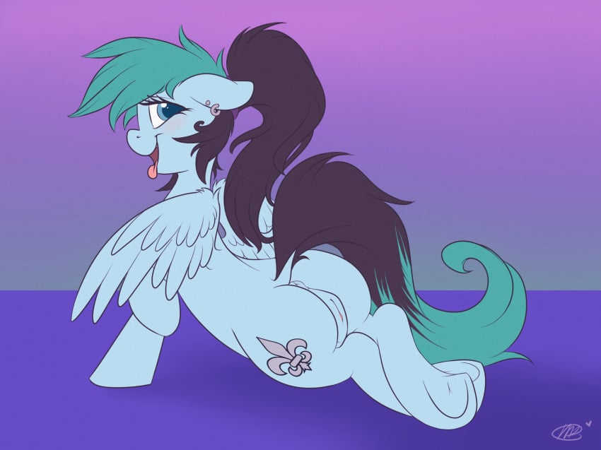 2015 anus ass bedroom_eyes black_hair cutie_mark equine female fur hair half-closed_eyes hi_res liz long_hair looking_at_viewer looking_back lying mammal meggchan my_little_pony open_mouth pegasus presenting pussy solo two_tone_hair wings