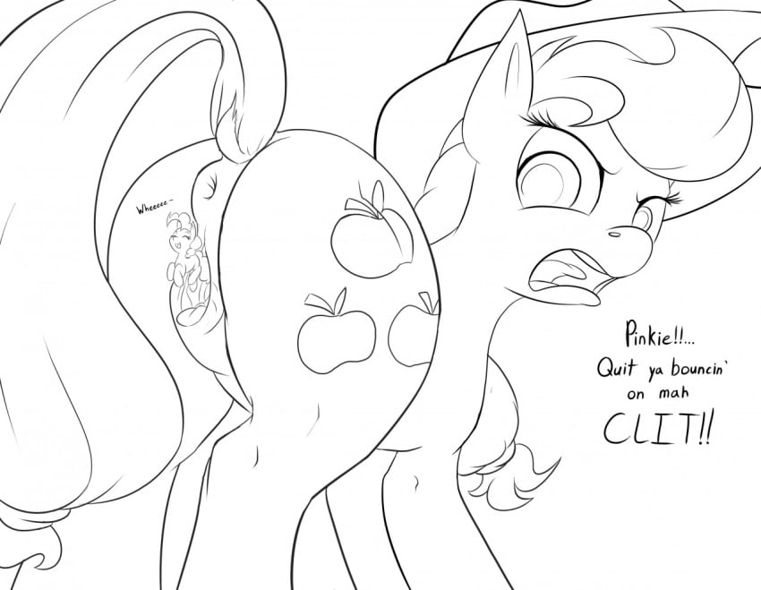 2015 anus applejack_(mlp) ass black_and_white clitoris closed_eyes cutie_mark dialogue dock duo earth_pony english_text equine female feral friendship_is_magic hair horse long_hair macro mammal micro monochrome my_little_pony open_mouth pinkie_pie_(mlp) pony pussy sugahbite text yuri