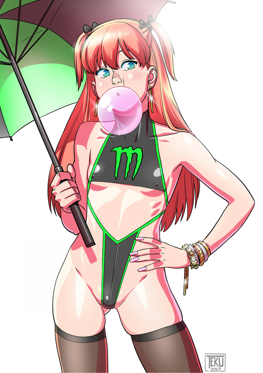 1girls 2017 bangs bikini blush bracket breasts bubble_blowing bubble_gum covered_nipples cowboy_shot dated ear_piercing earrings female female_only green_eyes hairbow hand_on_hip highres human jewelry long_fingernails long_hair monster_energy nail_polish nipple_bulge one-piece_swimsuit paddock_girl piercing pigtails pink_nails red_hair revealing_clothes shiny_skin signature skimpy small_breasts solo standing swimsuit tekuho thighhighs umbrella underboob very_long_hair white_background