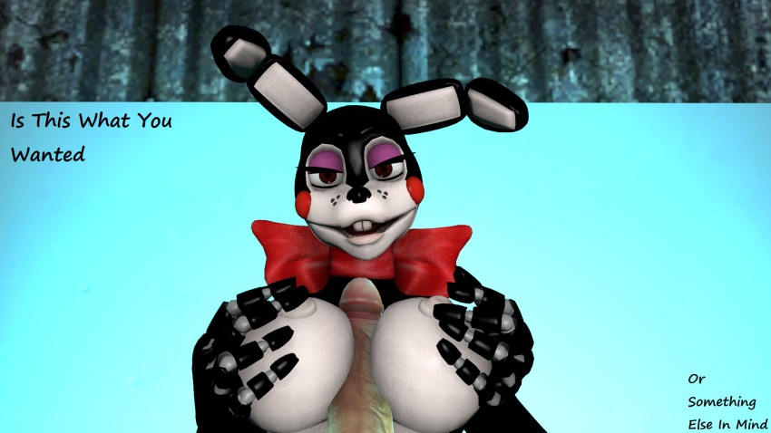 1boy 1girls 3d animatronic anthro big_breasts bonnie_(disembowell) bow breast_grab breast_squeeze breasts color dialogue english_text female five_nights_at_freddy's five_nights_at_freddy's_2 human inside interspecies lagomorph looking_at_viewer machine male male_pov mammal mechanical nipples nude nudity paizuri penis pov pov_eye_contact robot sex shadow_bonnie shadow_bonnie_(fnaf) source_filmmaker spider26 straight text video_games