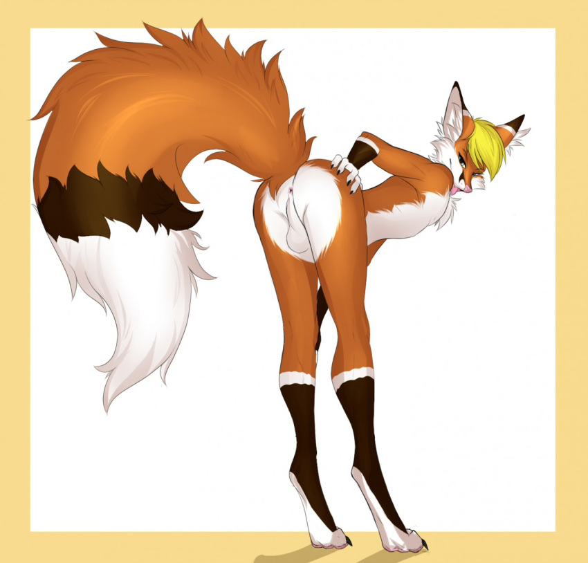 1boy 2015 anthro anus ass backsack balls bent_over big_tail blonde_hair canine chest_tuft digitigrade fluffy_tail fox foxeh fur girly hair hand_on_ass inner_ear_fluff looking_at_viewer looking_back male mammal naughty_face nirai_(artist) plain_background presenting presenting_hindquarters smile solo tongue tongue_out tuft