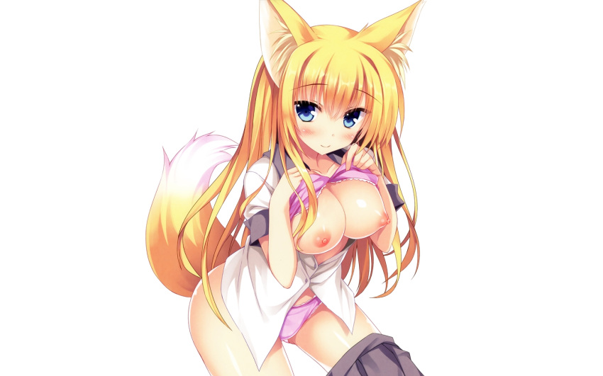 animal_ears big_breasts blonde_hair blue_eyes blush breasts canine clothed clothes dog_days female fox fox_ears foxgirl fur furry_tail hair happy long_hair mammal nipples panties shy smile solo tail underwear