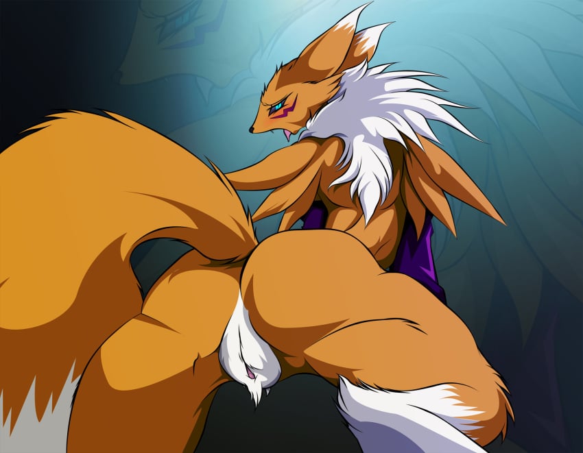 arskatheman ass black_sclera blue_eyes blush digimon digitigrade female fur hi_res open_mouth presenting presenting_hindquarters pubes pussy renamon solo tongue tongue_out white_fur yellow_fur