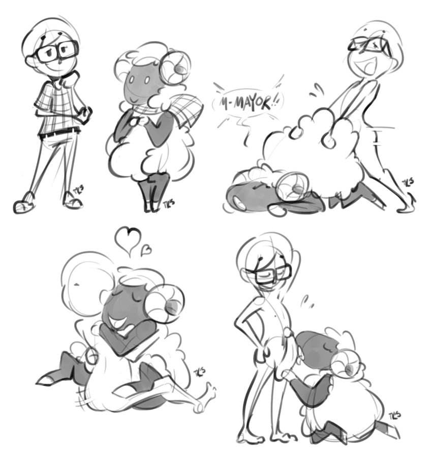 animal_crossing balls caprine clothed clothing eyewear female glasses heart horn human male mammal monochrome nintendo nude open_mouth oral penis plain_background scarf sex sheep sketch smile straight torrentialkake vesta_(animal_crossing) video_games