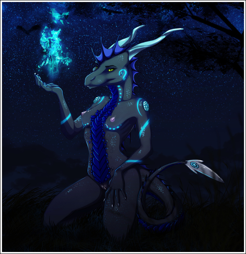 anthro breasts curled_tail dragon female fire gem glowing horn kneeling long_horns myakoda nidhoggr nipples nude pinup pose pussy shiny sitting slim small small_breasts solo yellow_eyes