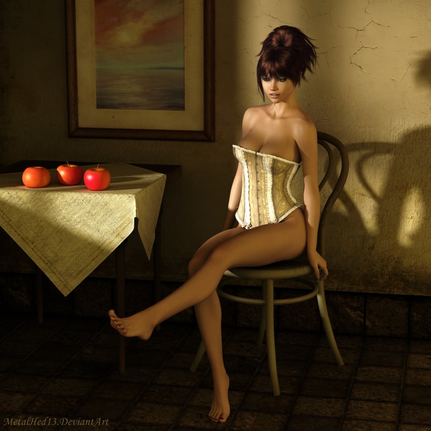 3d apple birthmark breast breasts brown_hair chair corset eyeliner feet female food hair hair_bun human legs lip lip_gloss lips meena meena_stride metalhed13 nails short_hair slim solo text