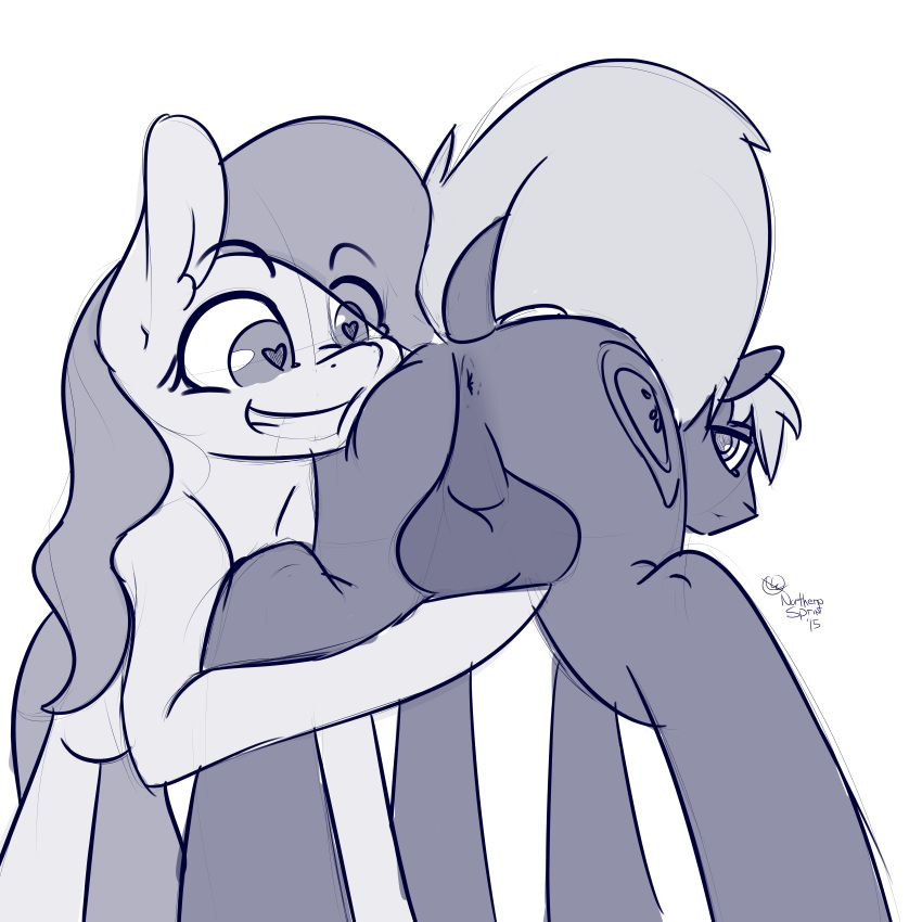 anus ass backsack ball_fondling balls big_macintosh_(mlp) cutie_mark duo equine female fluttershy_(mlp) friendship_is_magic half-closed_eyes heart heart-shaped_pupils horse looking_at_viewer looking_back male mammal monochrome my_little_pony northernsprint plain_background pony smile straight straight_hair symbol-shaped_pupils teeth white_background