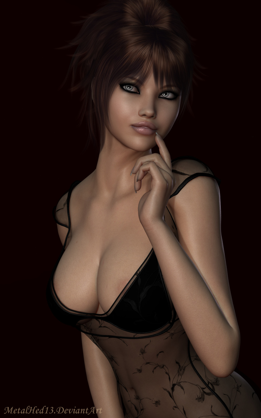 3d big_breasts birthmark breasts brown_hair eyeliner female grey_eyes hair hair_bun human latina lingerie lip_gloss lips meena_stride metalhed13 model poser see-through short_hair slim solo text