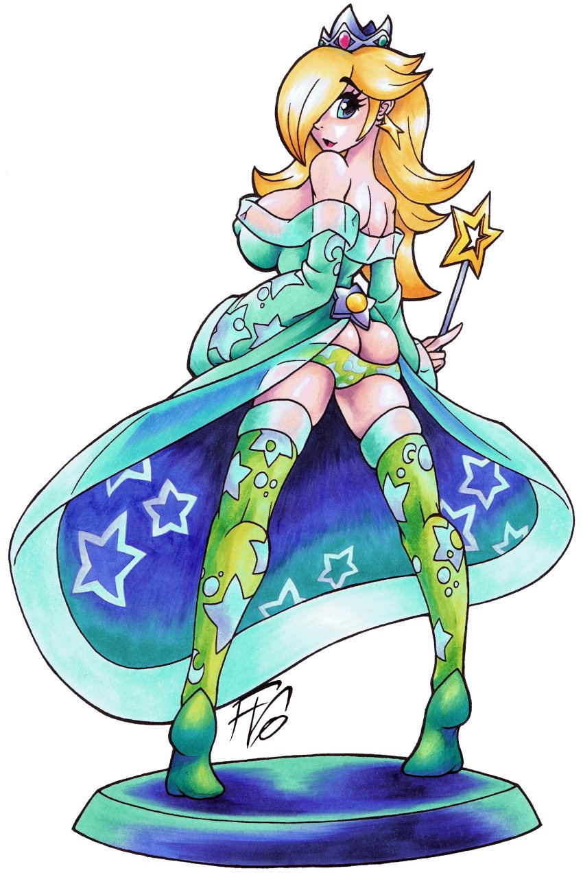 1girls amiibo ass_cleavage bare_shoulders blonde_hair blue_eyes breasts butt_crack crown dress earrings female female_only green_legwear hair_over_one_eye hallowgazer highres human large_breasts long_hair looking_away lowleg lowleg_panties mario_(series) nintendo panties princess_rosalina see-through smile solo standing star_print super_mario_galaxy thighhighs tiptoes transparent_background underwear