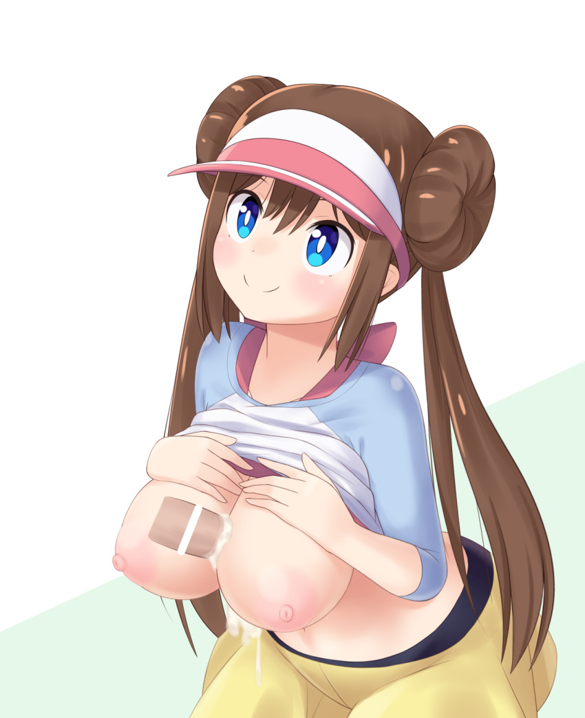 1boy 1girls areolae big_breasts blue_eyes blush breasts_out brown_hair censored clothed clothes croodle cum cum_on_breasts disembodied_penis double_bun faceless_male female hat human long_hair looking_away looking_up male nintendo nipples no_bra paizuri pantyhose penis pokemon pokemon_bw2 rosa_(pokemon) shirt shirt_lift skirt smile source_request twintails wide_hips