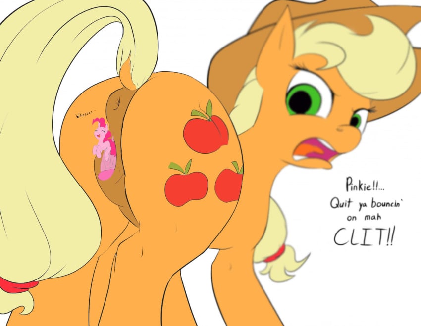 2015 anus applejack_(mlp) ass clitoris closed_eyes colored cutie_mark dialogue dock duo earth_pony english_text equine female feral friendship_is_magic green_eyes hair horse long_hair macro mammal micro my_little_pony open_mouth pinkie_pie_(mlp) plain_background pony pussy sugahbite text white_background yuri