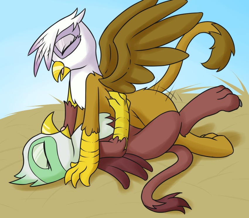 2015 avian beak closed_eyes duo fearingfun female feral friendship_is_magic gilda_(mlp) greta_(mlp) gryphon hi_res lying my_little_pony on_back open_mouth paws sex thrusting yuri