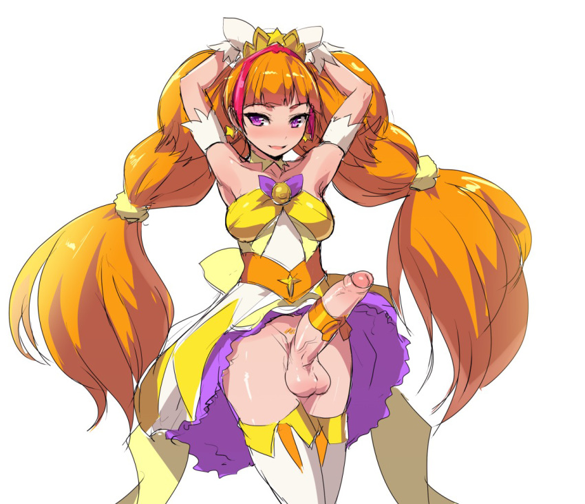 1futa amanogawa_kirara armpits arms_behind_head arms_up balls blush breasts clothing cure_twinkle decensored dress erection full-package_futanari futa_only futanari go!_princess_precure hair intersex large_penis long_hair magical_girl orange_hair penis penis_under_dress pink_eyes precure pretty_cure small_breasts smile solo solo_futa standing stockings testicles tied_hair twintails ubanis uncensored very_long_hair