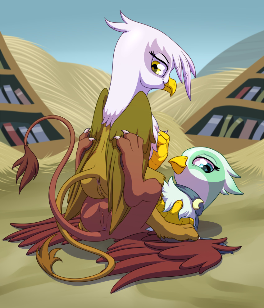 2015 absurd_res anus ass avian beak blue_eyes duo female friendship_is_magic gilda_(mlp) greta_(mlp) gryphon hi_res lying my_little_pony on_back on_top outside paws pussy sitting stoic5 wings yellow_eyes yuri