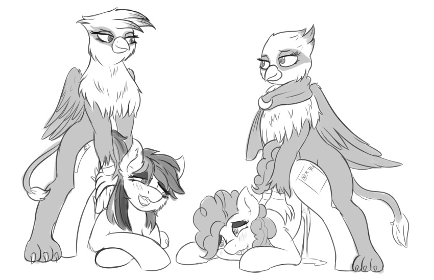 2015 avian beak blush cum cum_on_ground cutie_mark earth_pony equine eye_contact female friendship_is_magic furry furry_only futa_on_female futanari gilda gilda_(mlp) greta_(mlp) greyscale group gryphon half-closed_eyes highres horse intersex mammal monochrome my_little_pony open_mouth pegasus pinkie_pie_(mlp) pony rainbow_dash_(mlp) scarf sex straight_hair sugarlesspaints wings